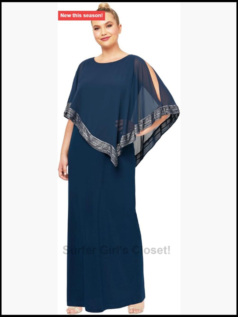 Plus Size Cold Shoulder Capelet Dress Metallic Trim Long A-Line